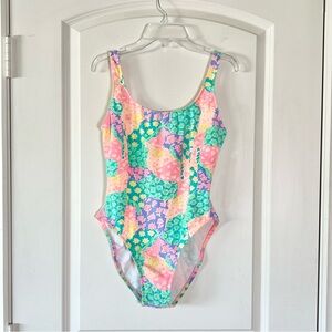 Vintage Floral Geometric Print Cotton high cut swimsuit with bow on back